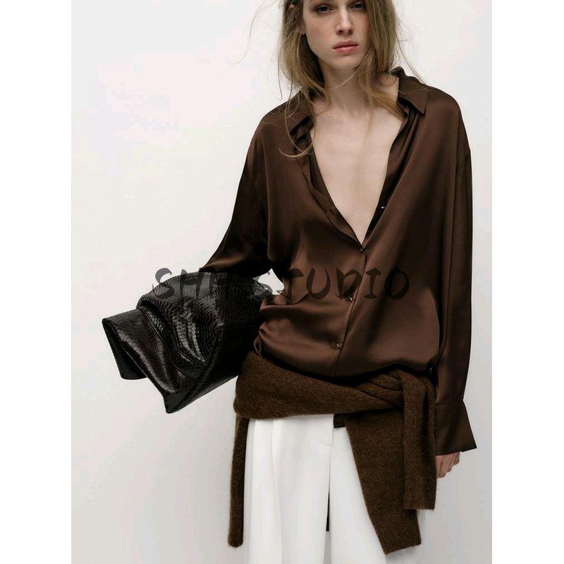 Spring New Women's Clothing Fashion Style Lapel Long Sleeves Single-Breasted Silk Satin Textured Shirt Tops 2074580