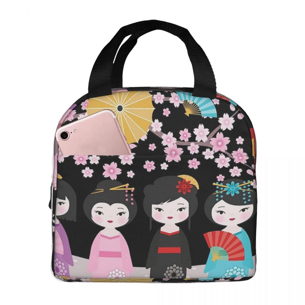 Japanese Sakura Kokeshi Doll Insulated Lunch Bag for Women Kids Leakproof Food Boxes Thermal Lunch Box Tote