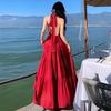 Seaside desert vacation red neck dress women Sanya travel wear photo sexy backless split skirt