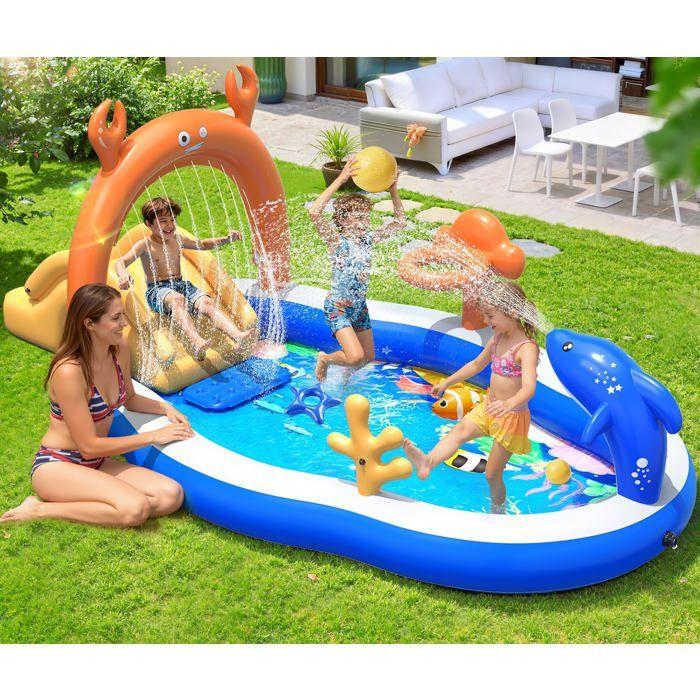 KingSom Aire de Jeu Aquatique Gonflable Enfant - Piscine avec Toboggan, Arroseur & Pataugeoire, 305x178x127 cm, Idéale Jardin