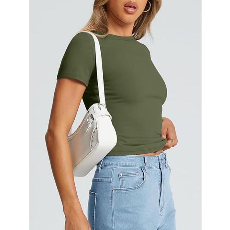 DAFIFY Women's Fashion Casual Summer Spring Solid Color Print Short Sleeve O-Neck Blouses & Shirts