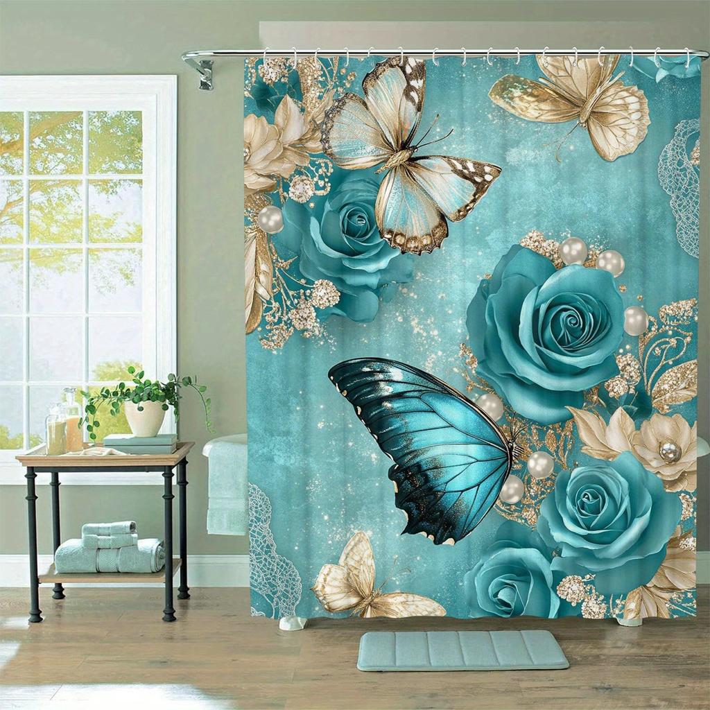 An Elegant Butterfly and Rose Shower Curtain: Transform Your Bathroom into a Serene Oasis with This Stunning Design Featuring