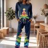 Women's Casual Pajama Set with Round Neck Long Sleeve and Wide Leg Pants for Sleep