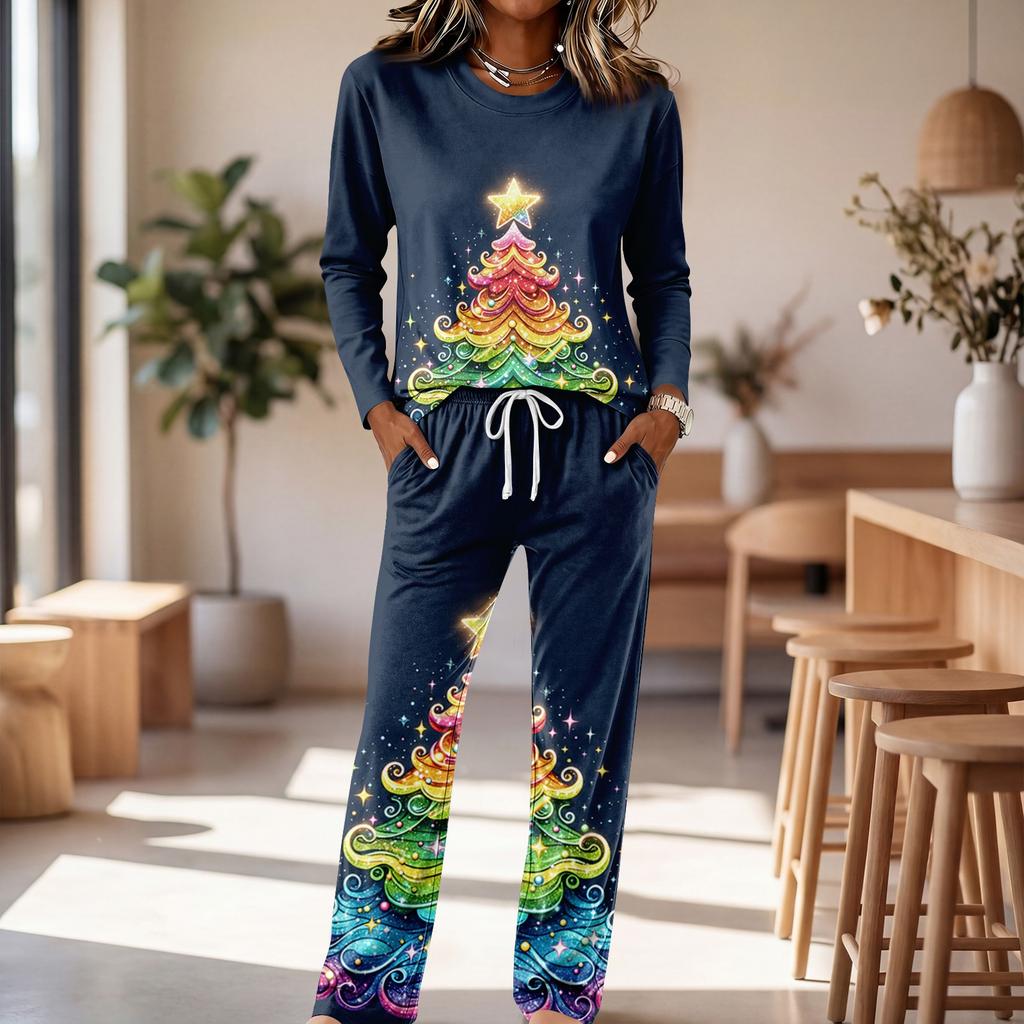 Women's Casual Pajama Set with Round Neck Long Sleeve and Wide Leg Pants for Sleep