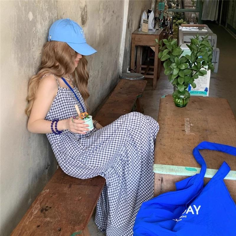 Vintage Summer Waist Tie Slimming Checkered Maxi Dress Ankle Length Skirt For Beach Vacation