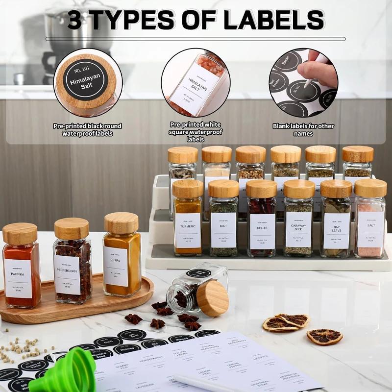 8/12pcs Glass Spice Jars with Label Bottles Bamboo Seasoning Containers Shaker Lids with Empty Spice Jars Storage Containers Set