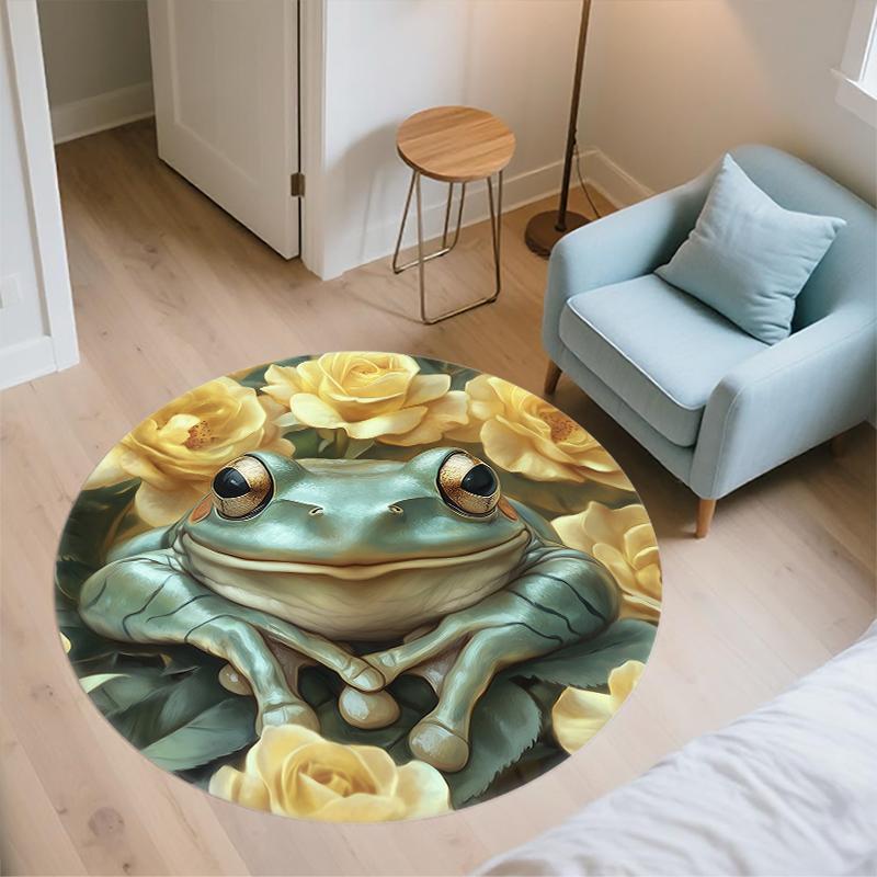 Frog and Flowers pattern round rug,Carpet Rug for Living Room Bedroom Sofa Playroom Decor,Non-slip Floor Mat,Holiday Gifts and Birthday Gifts