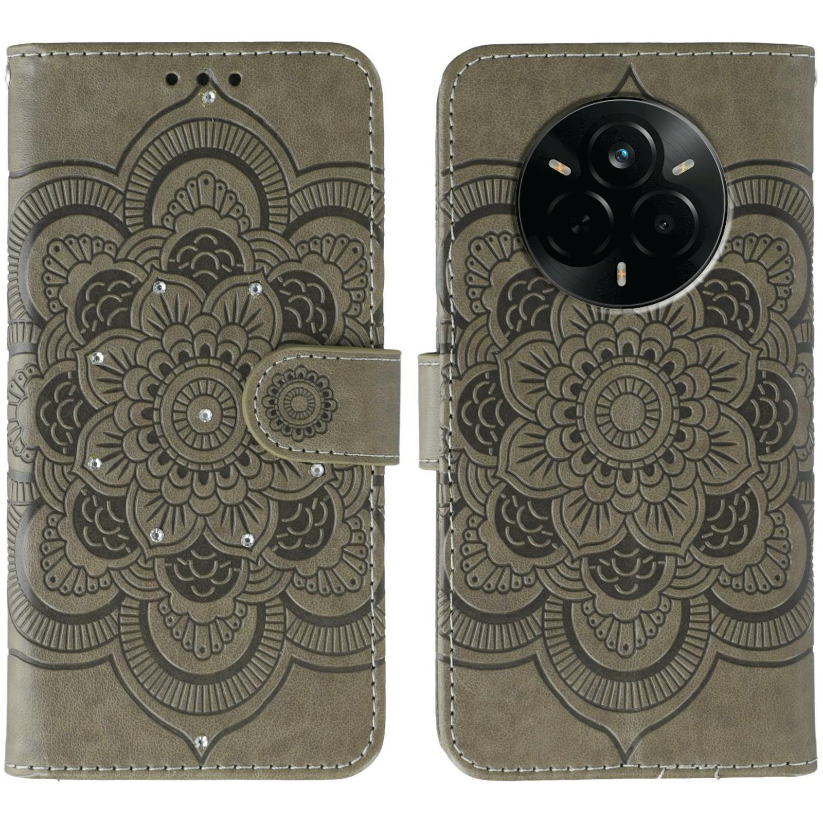 

For Realme 14 Pro 5G Case Rhinestone Decor PU Leather Mandala Imprinted Design Phone Cover with Wrist Strap Grey