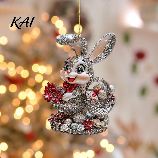 Seasonal Decorative Hanging Rabbit Easter Bunny Acrylic Pendant, Cute with Basket, 2D Car Egg Basket Decoration Rearview Mirror Ornament, Bag Keychain