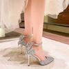 Silver high heels women's autumn, winter, spring and autumn new wedding shoes rhinestone bow sweet fairy crystal shoes