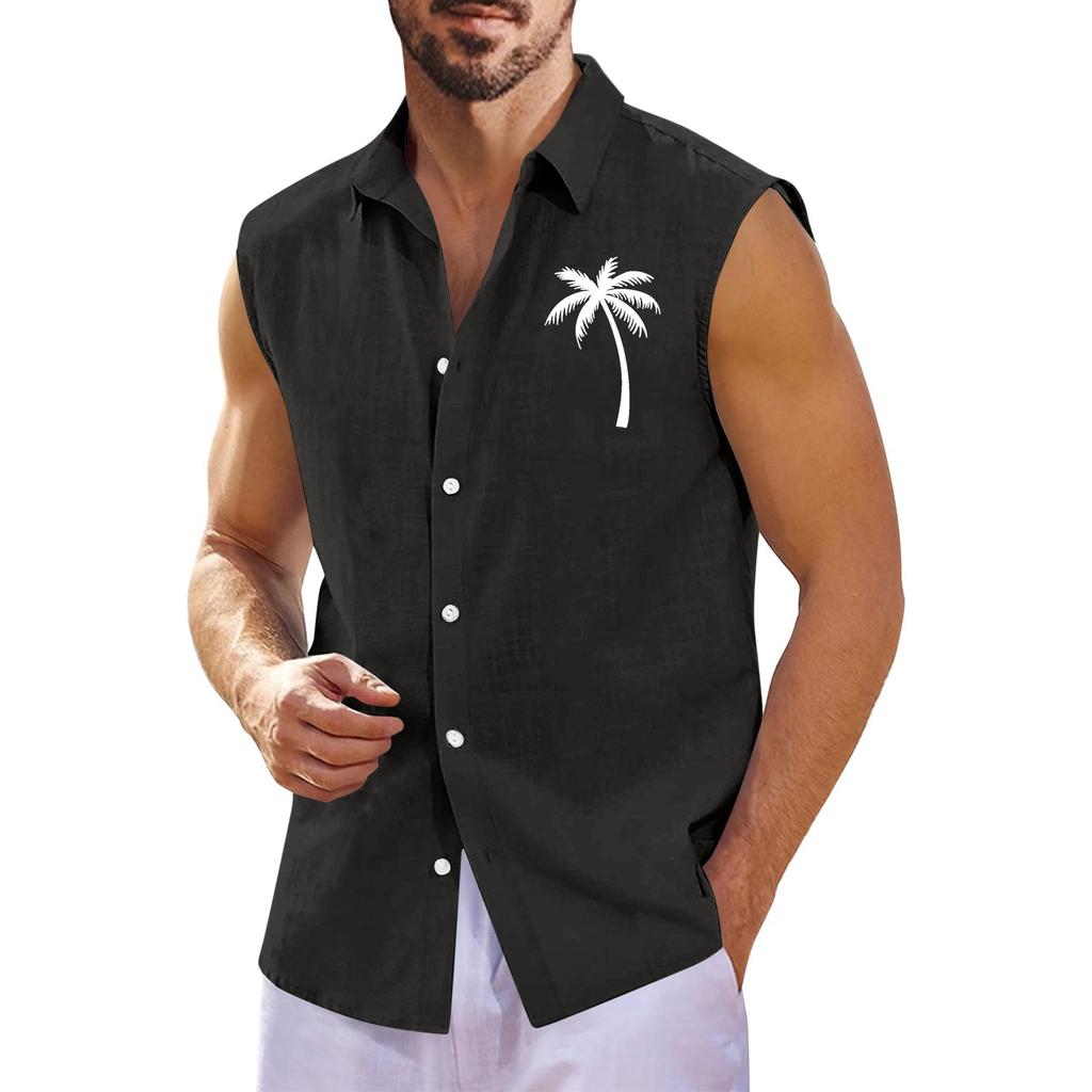 Men's Summer Hawaiian Print Sleeveless Shirt Men's Loose Lapel Sleeveless Button Shirt