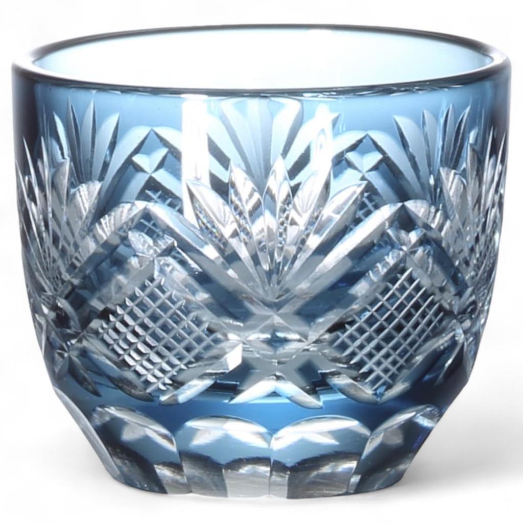 Mizukage Kiriko Glass Japanese Sake Diameter Flower and Arrow Ink Current Model J-kitchens Cup, Cup, 60xH50mm, 70cc, Design, Blue,