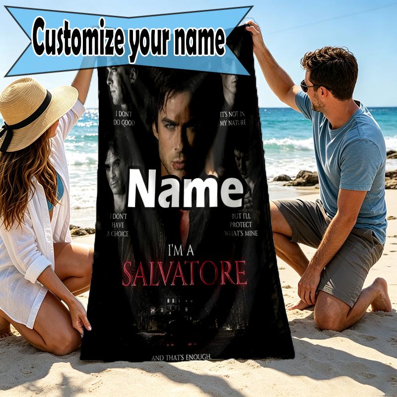 Custom Name Personalized Damon Salvatore Print Beach Towel, for Trip Camping Beach Party Home Decor, Birthday Gift for Family & Friends