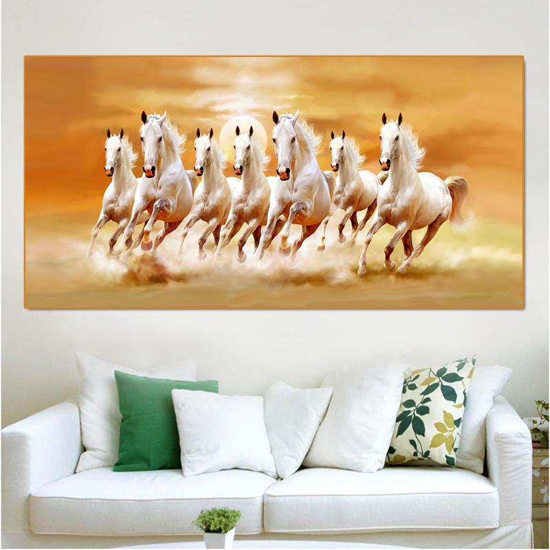 Seven Horses Running In Sand Canvas Painting Wall Art Sunrise Horse Group Posters and Prints for Living Room Wall Decor Cuadros