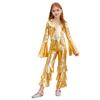 Kids Retro 70s Disco Jumpsuit, Flare Sleeve Ruffle Bodysuit with Bell Bottom Pants, Comfortable Dance Party Cosplay Costume
