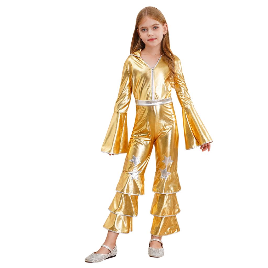 Kids Retro 70s Disco Jumpsuit, Flare Sleeve Ruffle Bodysuit with Bell Bottom Pants, Comfortable Dance Party Cosplay Costume