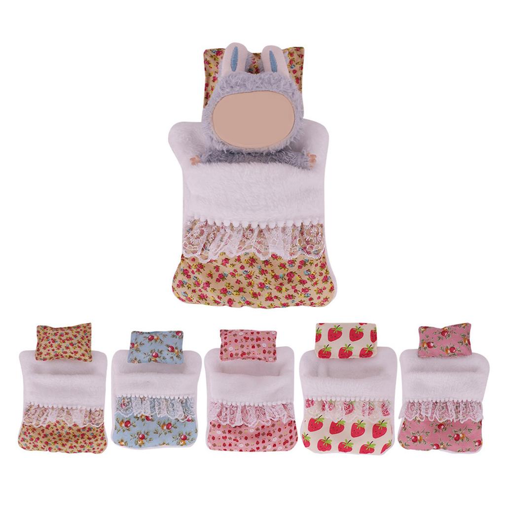 Fashion Flower Pattern Doll Bed Set with Pillow And Sleeping Bag For Labubu Plush Figure Dolls 17cm Ball Joint Dolls