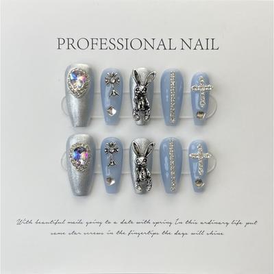 HANDMADE Blue West Queen Heart Artificial Nail Phototherapy Nails Finished Products Are Reusable and Detachable