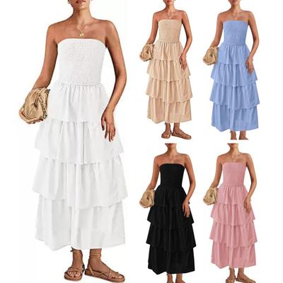 Lady Strapless Dress Off Shoulder Backless Sleeveless Beach Dress Layered Ruffle Scattered Hem Vacation Dress Elastic Bust Maxi Dress