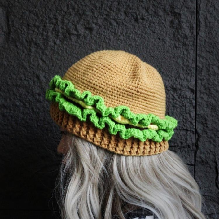 Fashion Hamburger Hat for Adult Kids Knitted Novelty Hat Anime Cosplay Costume Hat Outdoor Hiking Hat Windproof Headwear