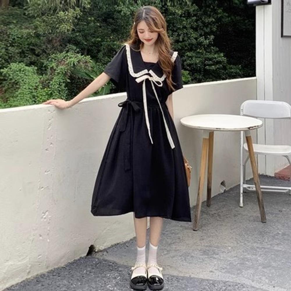 Doll collar dress women's summer new fashion gentle college style lace-up waist black long dress children