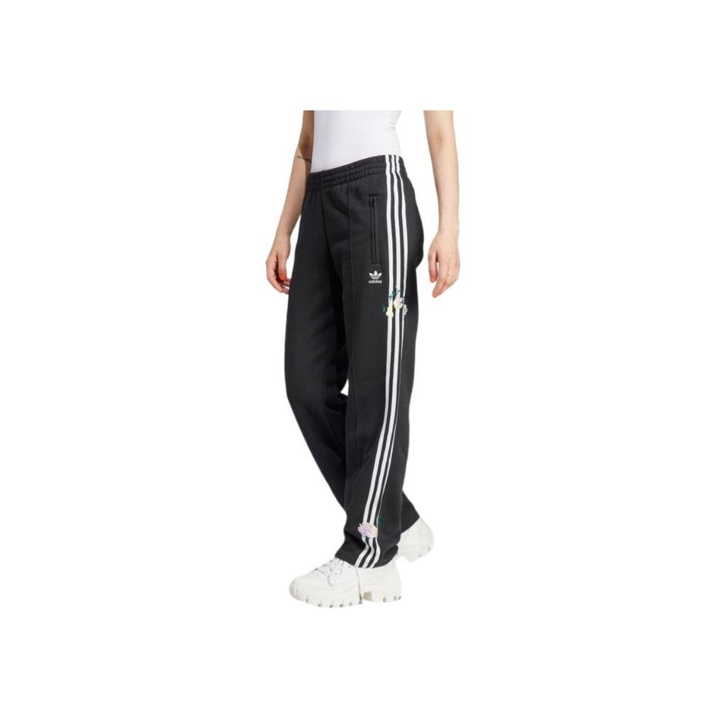 adidas Originals Logo Stripe Embroidered Elastic Waist Straight Leg Vintage Sports Knit Pants Women Pants Black IJ7086