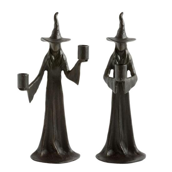 Halloween Witch Candle Holder Handmade Black Witch Statue 8.66-inch Retro Witch Candlestick Halloween Fall Decoration