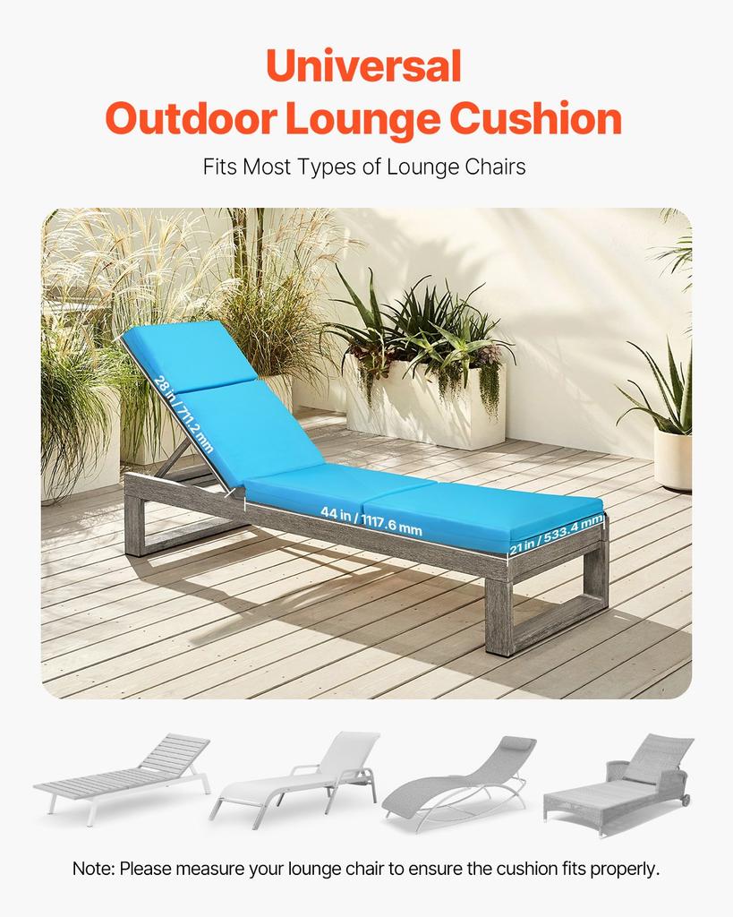 VEVOR Chaise Lounge Cushion, 183x53.3x9.8 Cm, Set of 2 Outdoor Lounge Chair Cushions, Waterproof & Fade-Resistant, Sun Lounger Cushions with Ties