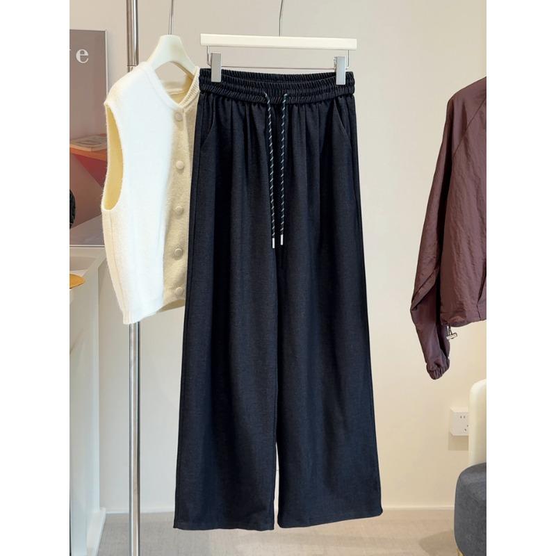 

Solid color elastic waist drawstring straight casual pants women s spring and autumn new drape versatile wide-leg pants L чёрный