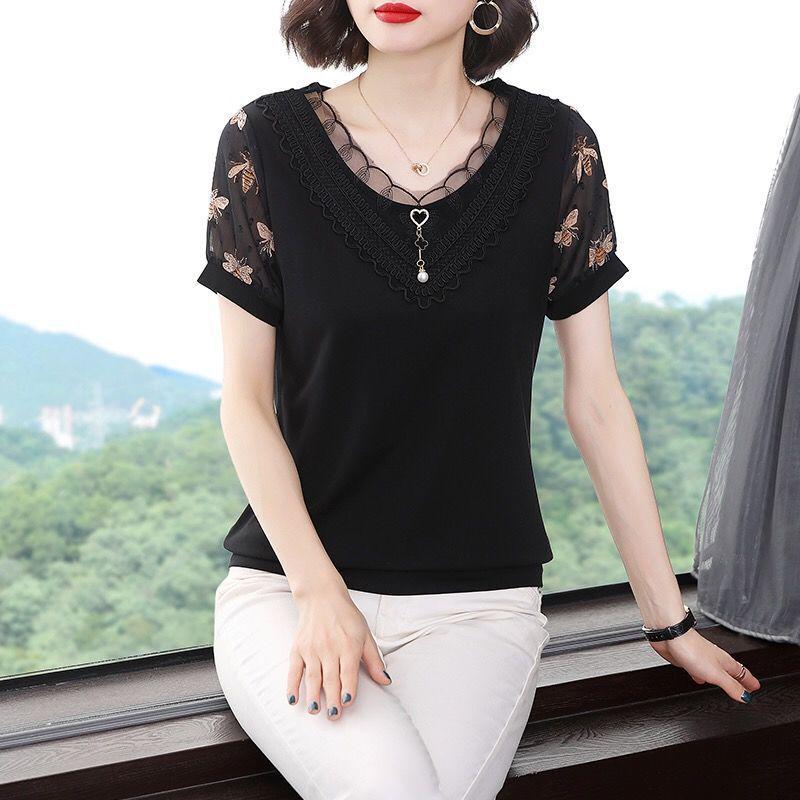 2023 Summer V-Neck Lace Chiffon Blouse for Women - Fashionable Short Sleeve Top for Middle-Aged Moms