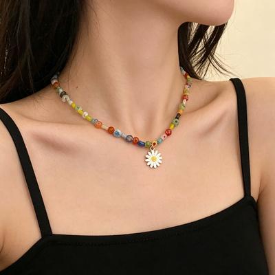 Korean Fashion Cute Flower Pendant Bead Necklace For Women Summer Trendy Vintage Accessory