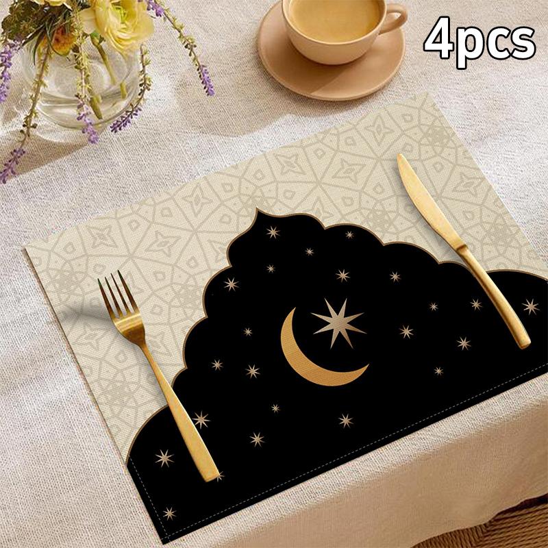 Islamic Style Moon Architecture Linen Table Mat Middle East Ramadan Rectangular Heat-resistant Placemat Accessories Cute Gifts