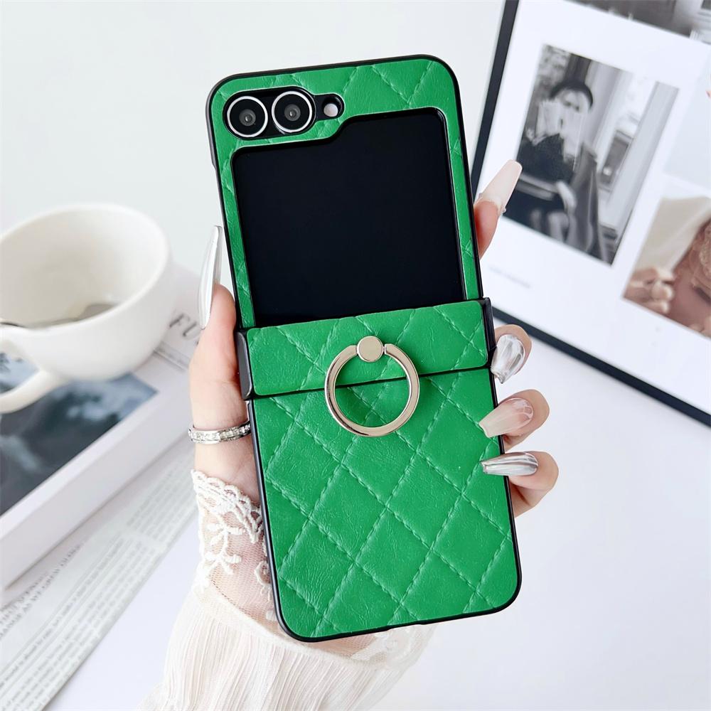 

Leather Finger Ring Buckle Case for Samsung Galaxy Z Flip 7 6 5 4 3 Grid Pattern Stand Holder Shockproof for Galaxy Flip 6 Cover For Samsung Z Flip 5 зелёный