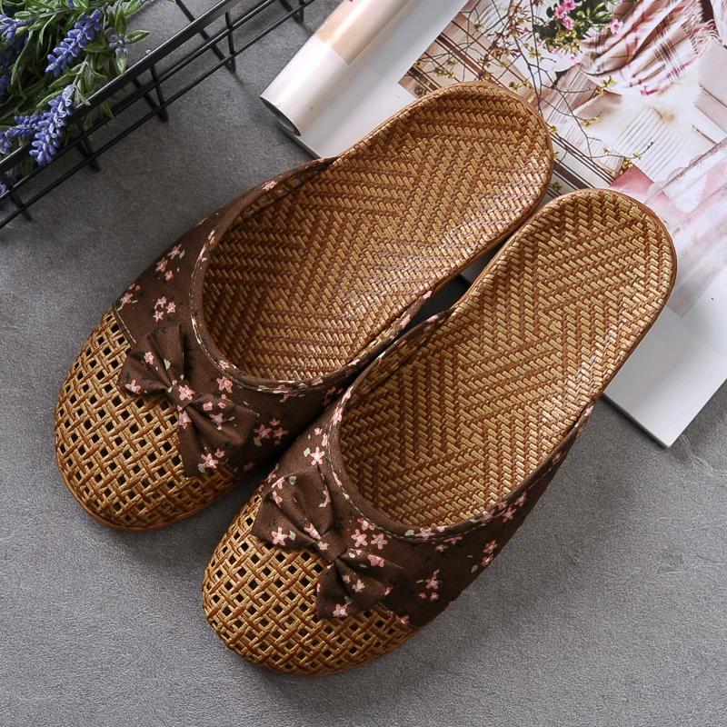 Spring Summer Women Flat Slippers Casual Slides Floral Bow Linen Women Sandals Indoor Shoes