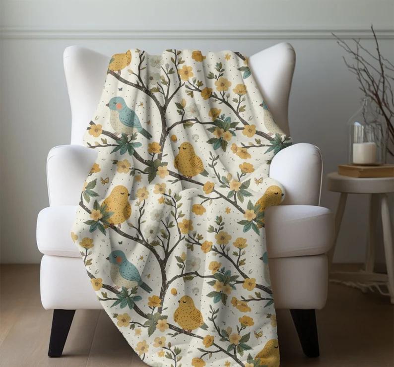 Spring Bird Throw Blanket Bird Watchers Gift Lovers Blue Yellow Bird Fleece Lap Blanket Mother s Day Gift for Christmas Present 75cmx90cm