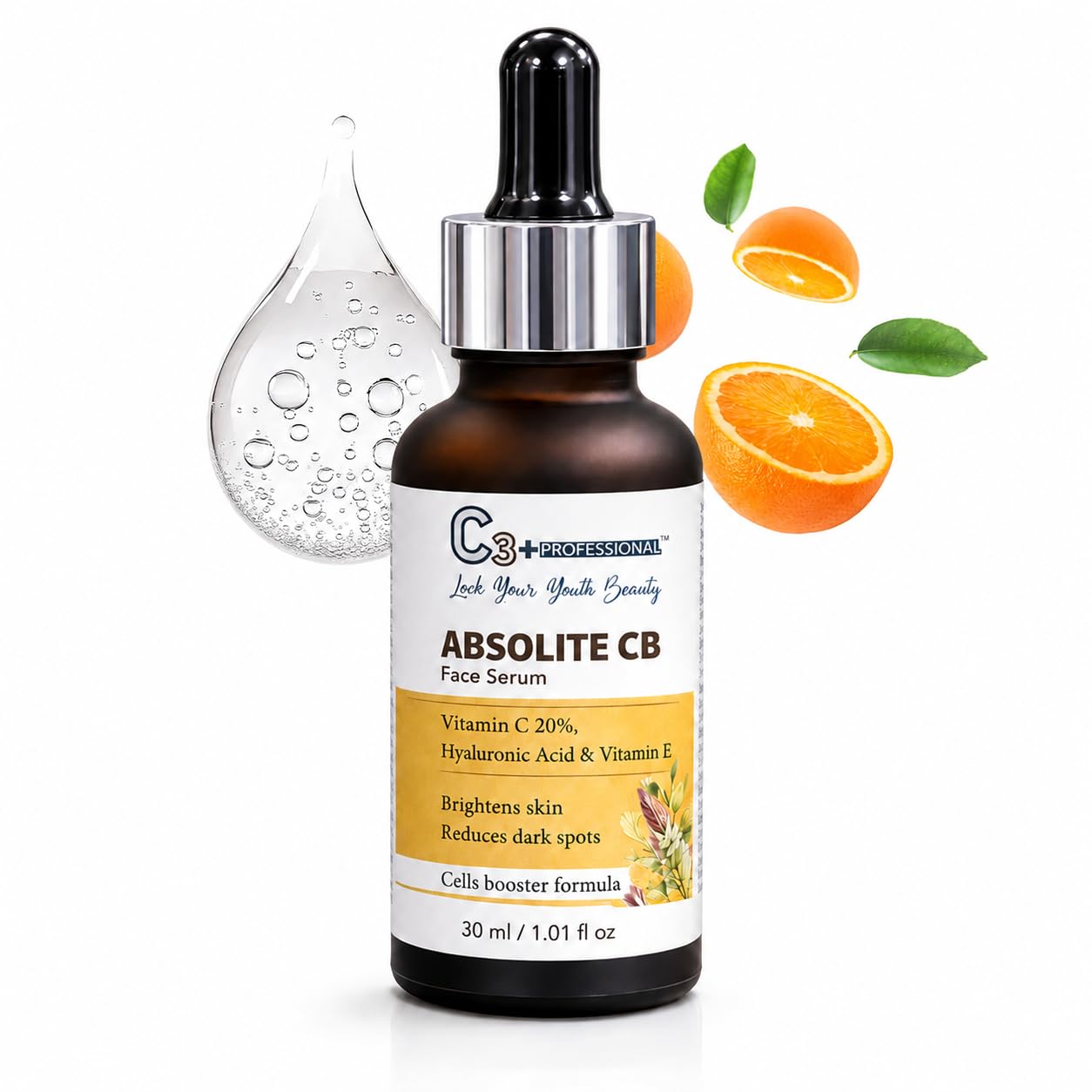 C 3 + Professional Absolute CB Vitamin C Face Serum 20% with Hyaluronic Acid & Vitamin E | For Skin Brightening Face Serum 30ml | Reduces Dark Spot