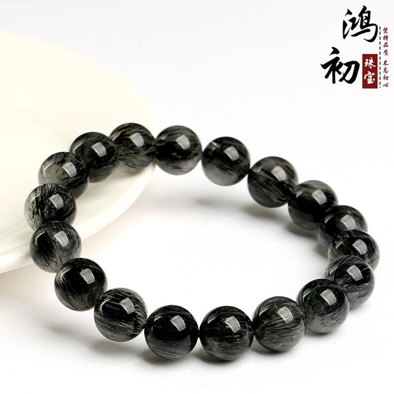 Hongchu Crystal Natural Smooth Black Rutilated Quartz Bead Bracelet Black Rutilated Quartz Smooth Bead Bracelet