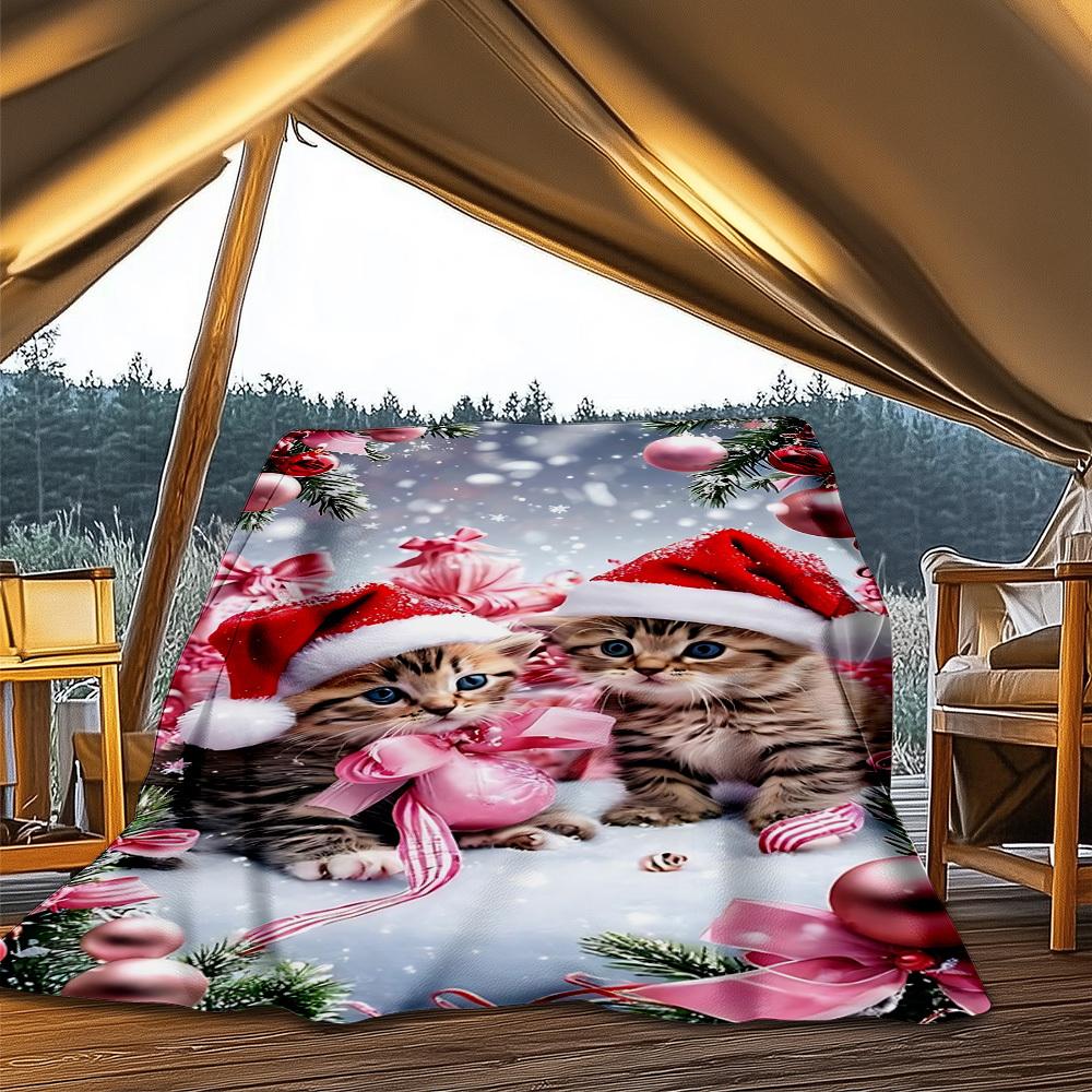 1pc Christmas kittens Outdoor Flannel Blanket Soft All Season Polyester Throw , Perfect for Picnics & Travel , Picnic Accessory