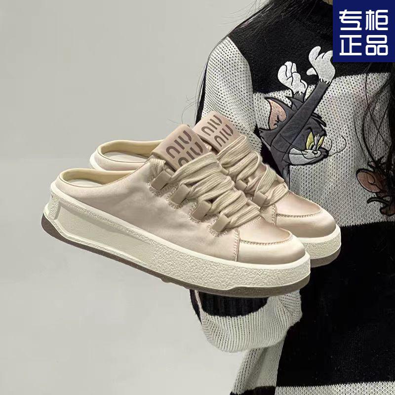 2025 half slippers women's outer wear 2025 summer new round head lace-up casual white shoes comfortable versatile board shoes