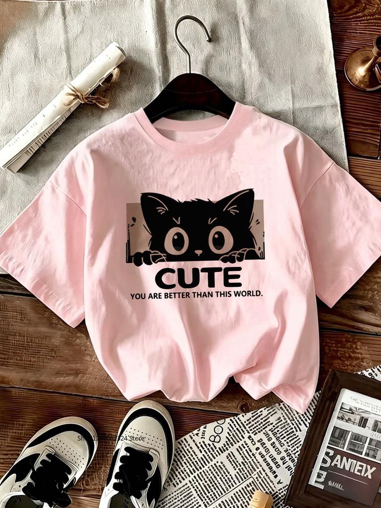 TXCartoon Trendy Kawaii Cat Print T-shirt Women's Summer Round Neck Cute Cat Y2K Graphic Tee Summer Casual Woman Clothing