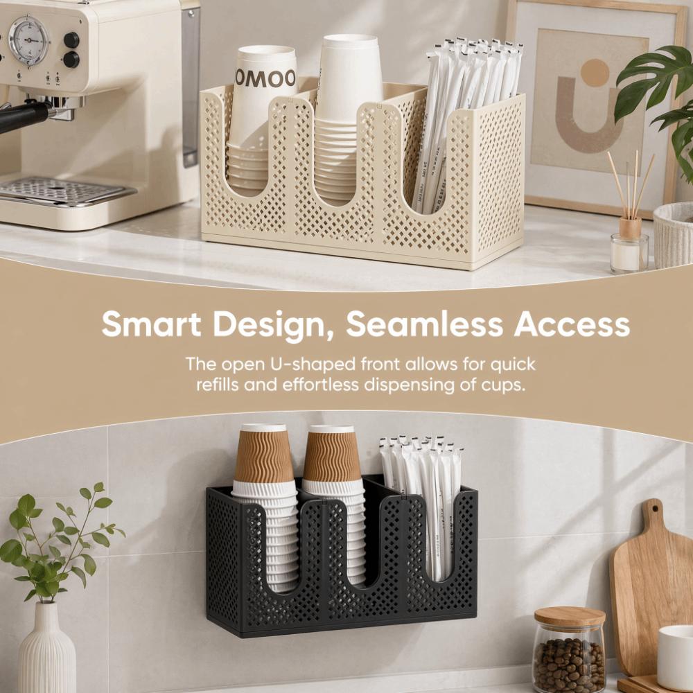 Wall Mounted Paper Cup Holder 3 Compartments Straw Organizer Coffee Cup Dispenser Home Office