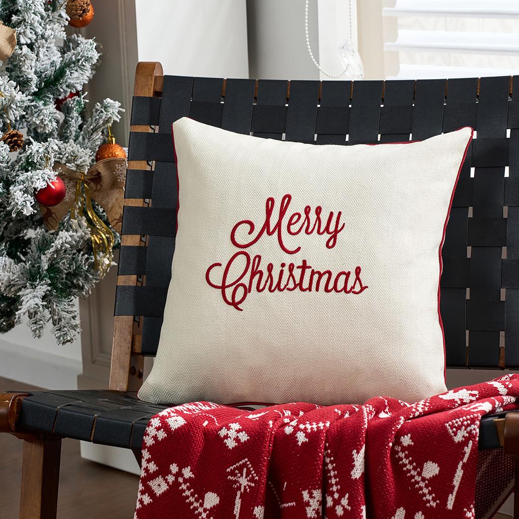 Christmas Embroidered Throw Pillow Cover, Snowflake Deer Design, Decorative Cushion Case for Couch Sofa Bed, Holiday Home Decor, Soft Velvet