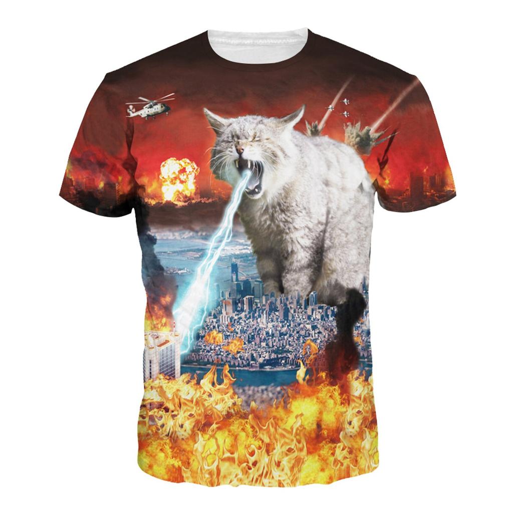 Summer Round Neck 3D Printed Funny Cat Pattern Top Fashionable Casual Short Sleeved Children's Boy T-shirts