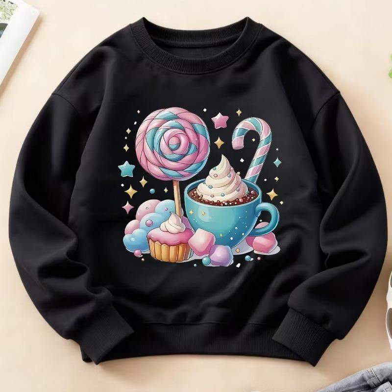 Kids Crewneck Sweatshirt, Healing Candy Coffee Dessert & Hearts Print Top for Autumn Winter