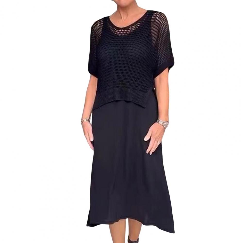 2 Pcs/Set Women Top Dress Set Hollow Out Knitted Round Neck Short Sleeve Top V Neck A-line Sleeveless Sundress Lady Midi Dress C