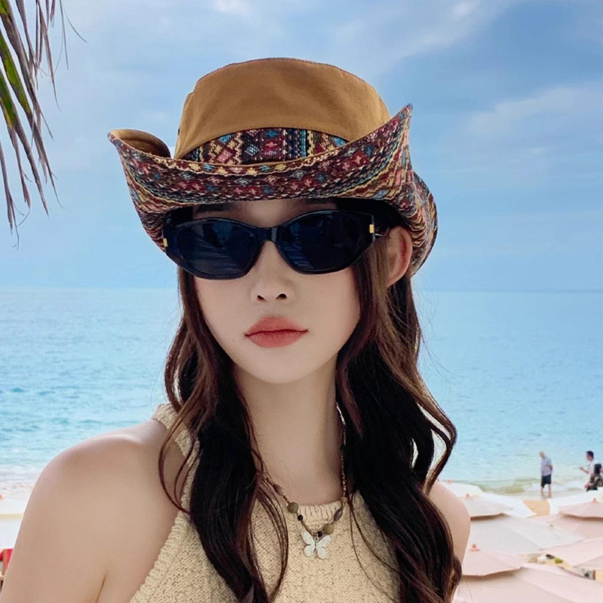 

Women s Ethnic Style Wide Brim Fisherman Hat Spring Summer Outdoor Sunshade Travel Hat 54-60cm