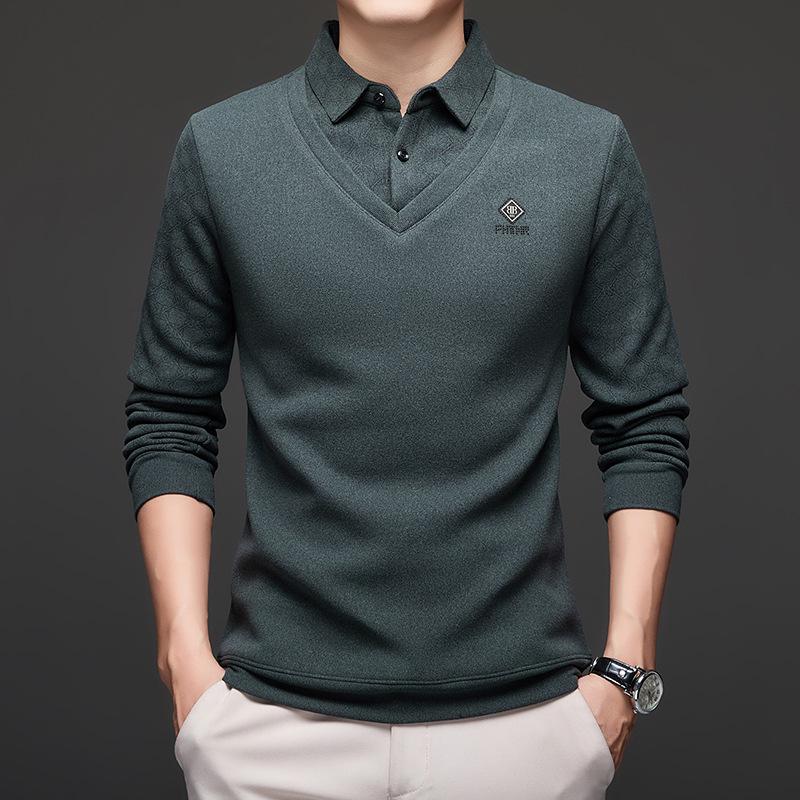 Men's Two-Piece Base Layer Long Sleeve Polo Shirt - Thickened Knit with Velvet, Wool Lapel, Casual Style for Middle-Aged.