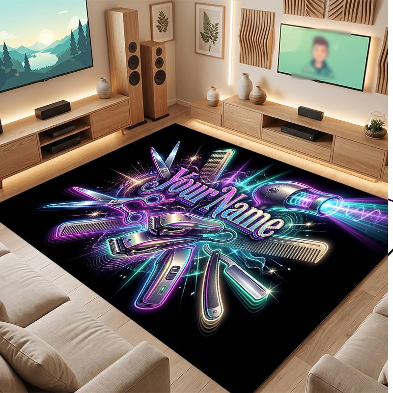 Barber Salon Theme Soft Crystal Velvet Rug Custom Name & Text Print Non Slip Floor Rug for Bedroom Living Room