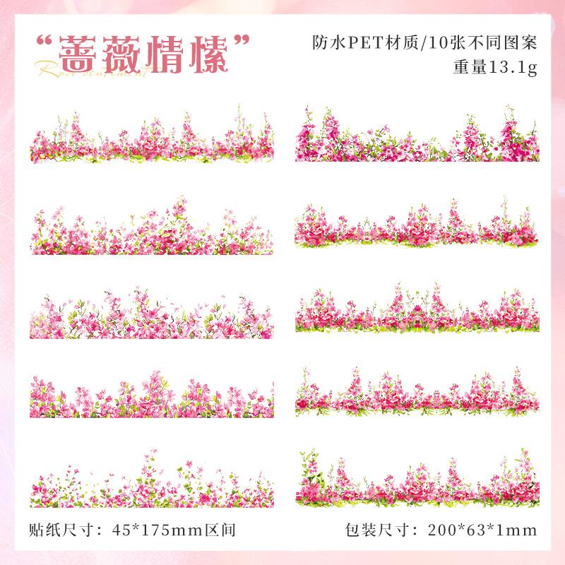 10 Pcs Long Strip Plant Flowers Stickers Pack Creativity Adhesive Diy Diary Album Scrapbooking Material Planner Craft Supplies