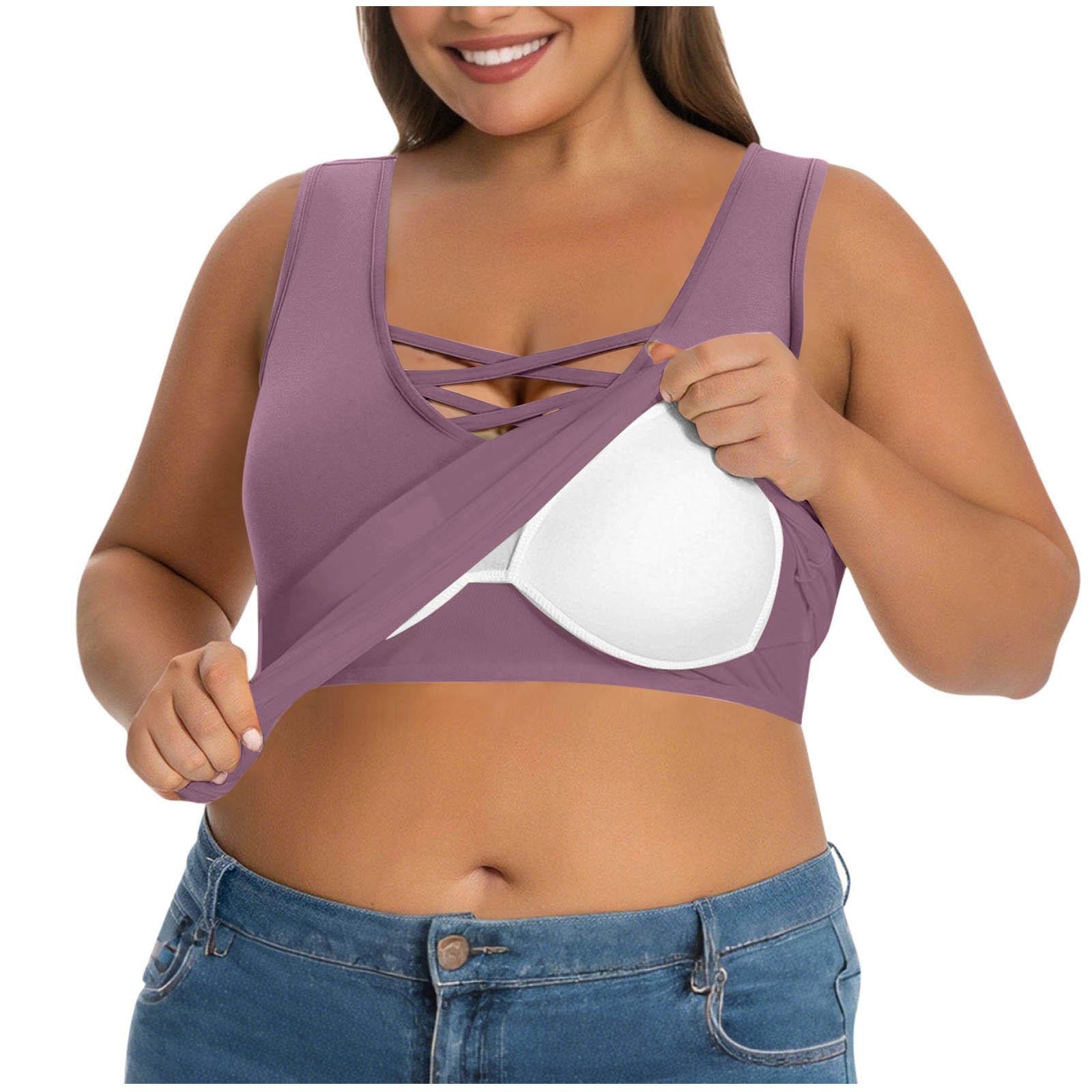 Women’s Cross Front Padded Wireless Bra Tank Top Plus Size Seamless Camisole Built In Cup Vest for Everyday Wear XL фиолетовый